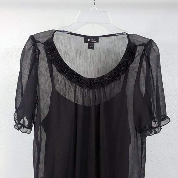 B Wear Women's Black Sheer Floral Short Sleeve Blouse Shirt Tank Top 1 Piece Set - Picture 2 of 14